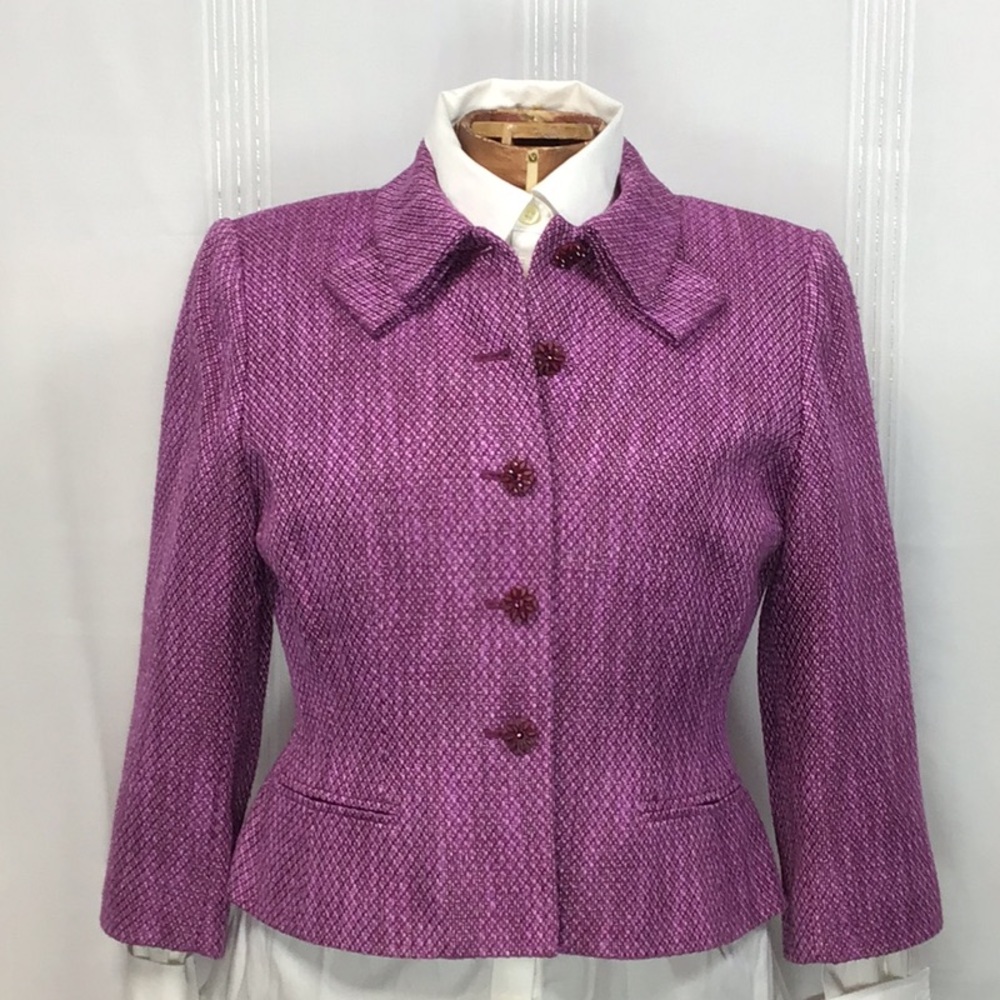 ☂️ Liz Claiborne ‘Suits Petite’ Purple Tweed Jeweled Buttons Tailored Jacket